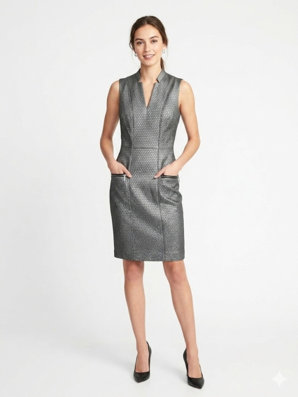 Pure Navy Sleeveless Metallic Sheath Dress in Silver Size 2